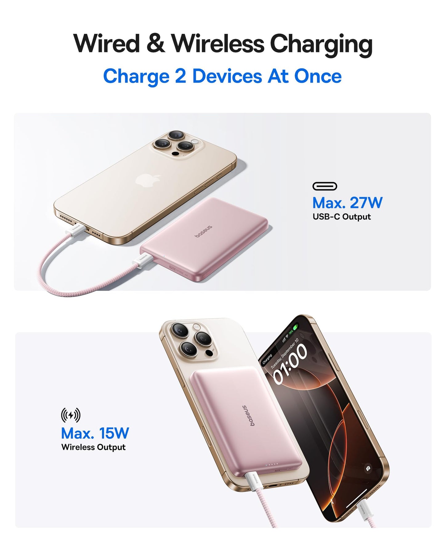 Carregador Portátil Baseus Picogo Magsafe, Qi2 Certified 0.5" Ultra Slim 15W Wireless Power Bank, 10000mAh 27W Fast Charging c/ USB-C