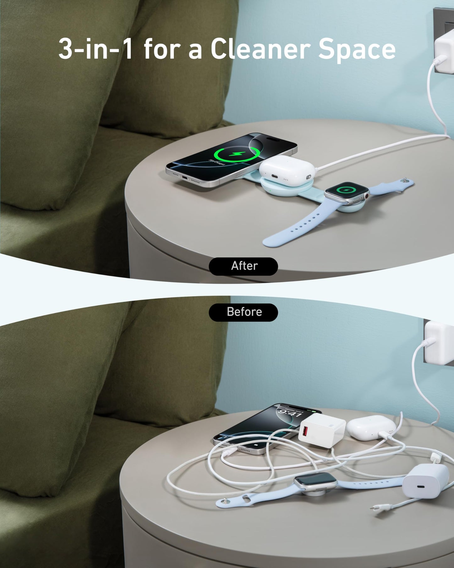 Anker MagSafe MagGo 3 em 1, 15W Qi2, para iPhone 17/16/15/14, AirPods, Apple Watch