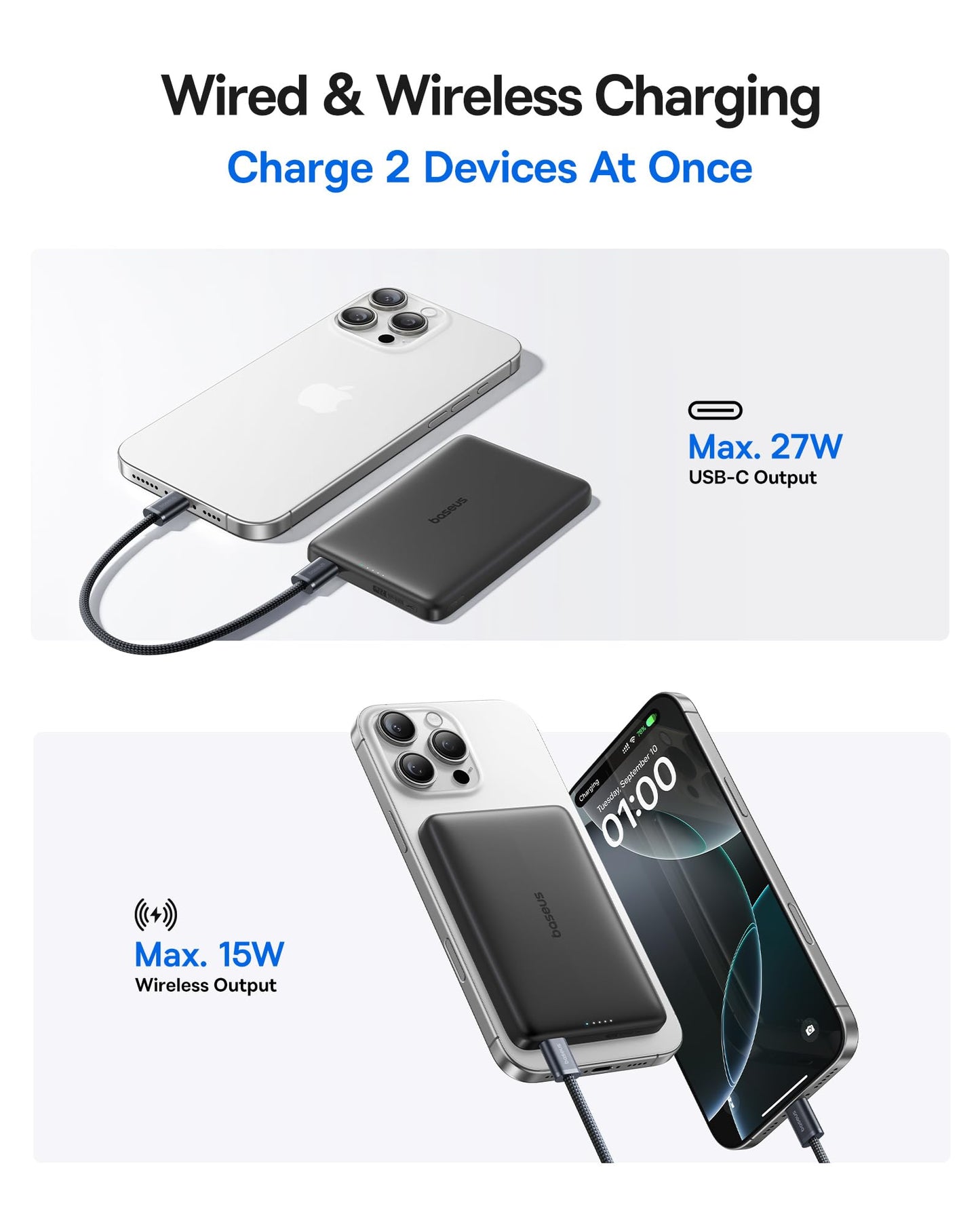 Carregador Portátil Baseus Picogo Magsafe, Qi2 Certified 0.5" Ultra Slim 15W Wireless Power Bank, 10000mAh 27W Fast Charging c/ USB-C